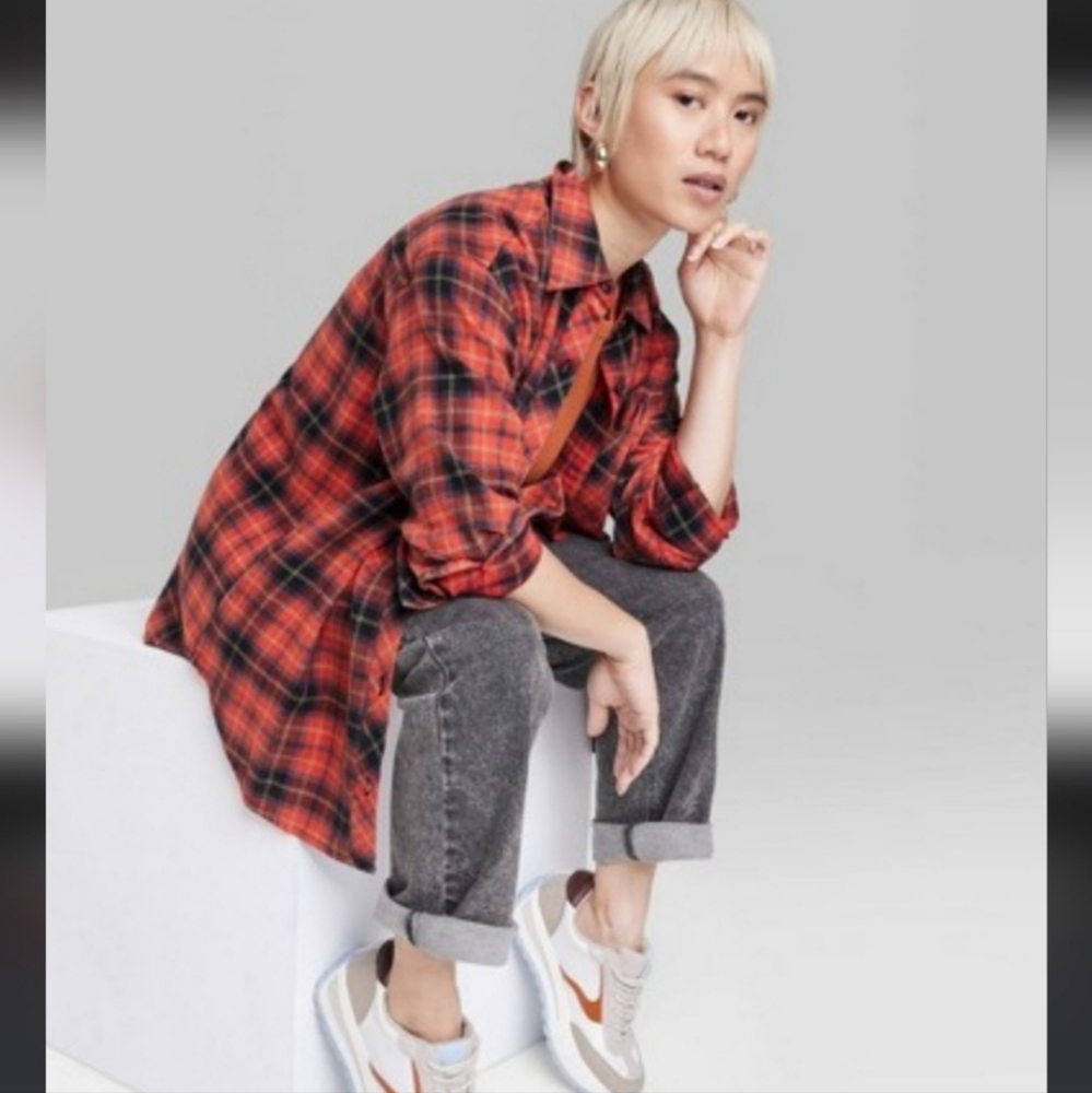 Wild Fable oversized button down red flannel plaid shirt, size XL